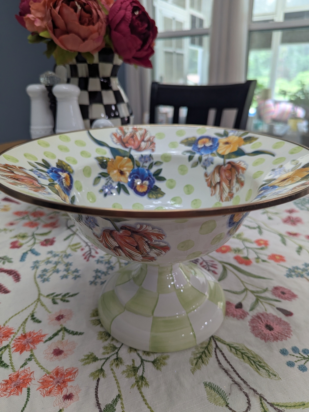 Mackenzie Childs Compote Bowl. Wildflowers Green Compote, Enamel ware